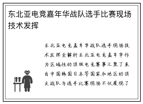 东北亚电竞嘉年华战队选手比赛现场技术发挥